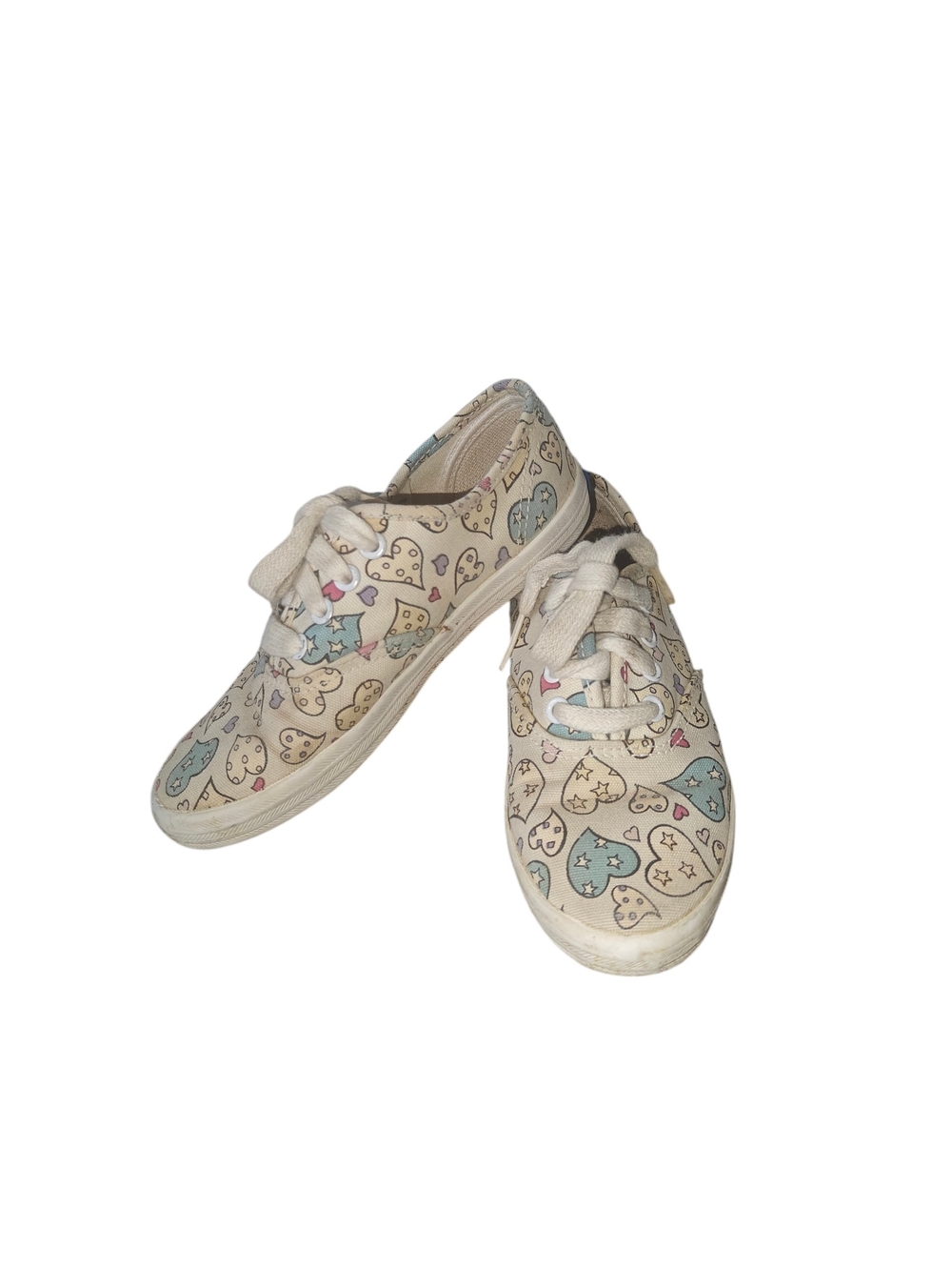 Vintage Keds Kids Cream Sneakers with Multicolor Heart Print 8/9c